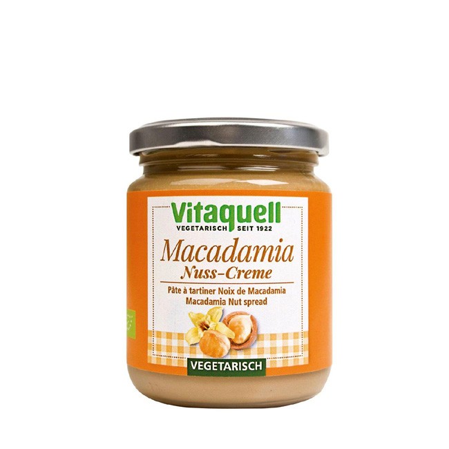 Vitaquell's streichzarte Nuss-Macadmia Creme für das Frühstücksbrot hergestellt aus 100% Bio-Macadamianüssen mit Borubon Vanille 250g