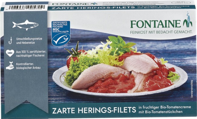Fontaine : *Bio Zarte Heringsfilets in Bio-Tomatencreme mit Tomatenstückchen (200g)