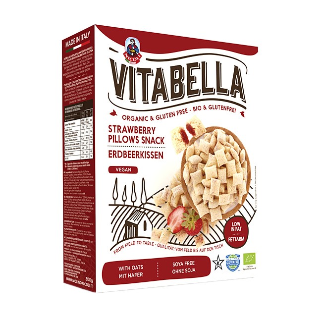 knusprige glutenfreie Bio Cerealien mit Erdbeerfüllung - Vitabella Knusperkissen (300g)