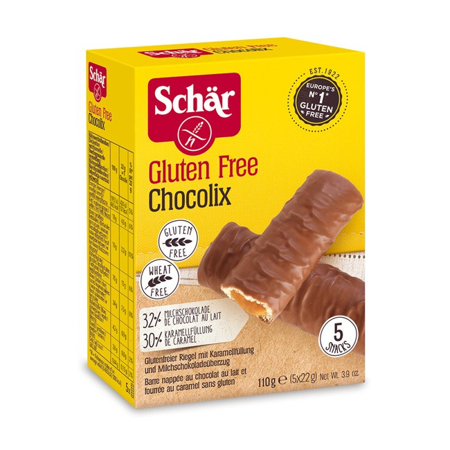 Chocolix Karamell Glutenfreier Riegel mit Karamellfüllung und Milchschokoladenüberzug von Dr. Schär (5x22g)